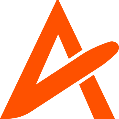 An orange letter "Alpha" with a shape that looks like a rocket being launched