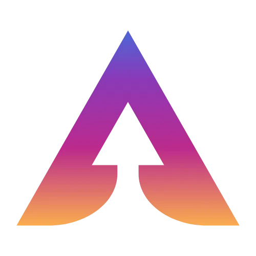 a purple and orange triangle with an arrow pointing up in the middle