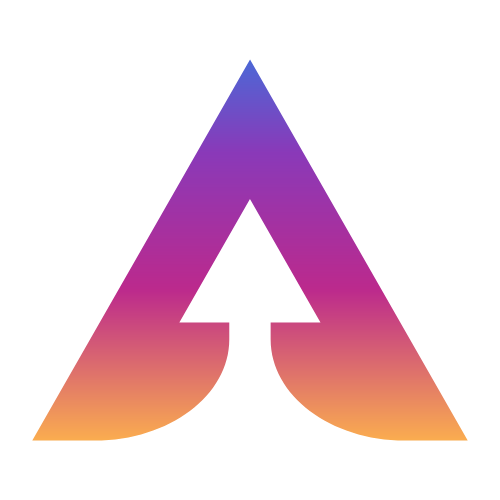 a purple and orange triangle with an arrow pointing up in the middle