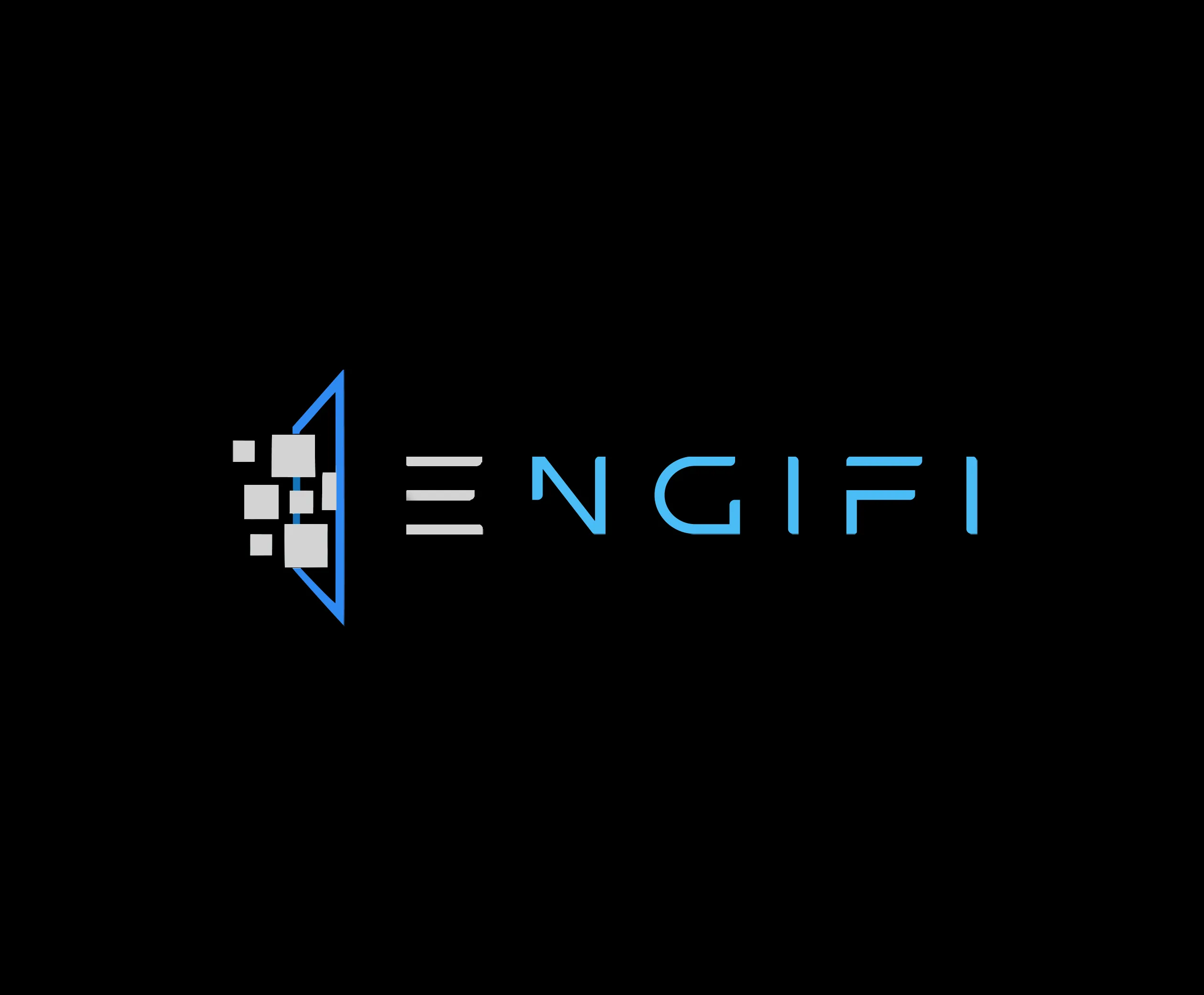 EngiFi logo featuring a stylized open door with pixelated squares on the left and the company name 'ENGIFI' in modern blue font on a black background.