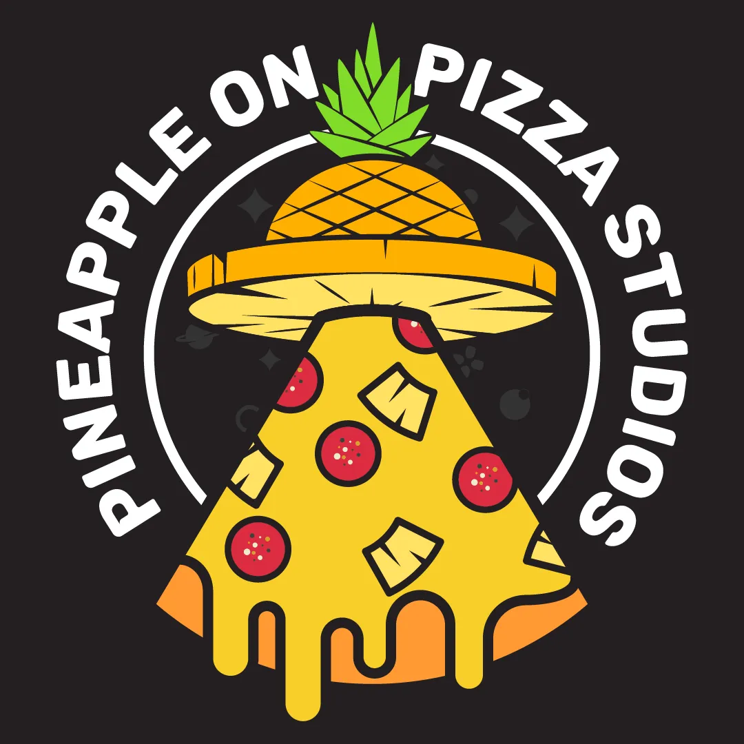 Pineapple on pizza studios logo. A pineapple themed UFO sending down a pizza slice abduction ray