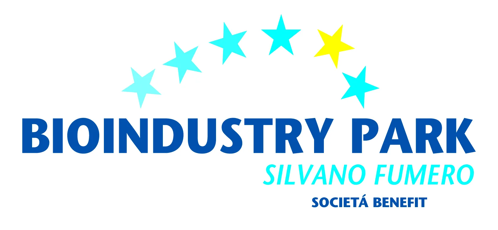 The logo features the name "BIOINDUSTRY PARK" in bold, uppercase blue letters, with the subtitle "SILVANO FUMERO" written in a lighter blue color beneath it. Below that, "SOCIETÁ BENEFIT" appears in smaller, uppercase blue letters. Above the text, there is a semi-circle of seven stars transitioning from light blue to yellow, symbolizing a progression or connection. The overall design is clean and professional, reflecting innovation and collaboration, with colors conveying trust and energy.