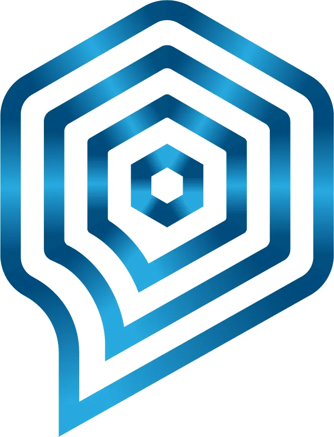 Superbo logo: A stylized, geometric speech bubble with a hexagonal core, formed by concentric, angular blue lines with a metallic gradient effect.