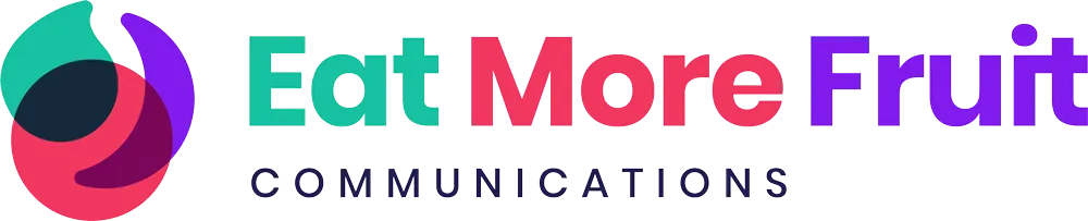 Green, red and purple logo displaying the text EatMoreFruit Communications