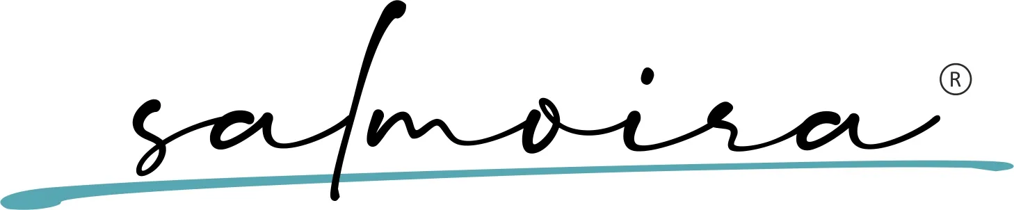 The word "Salmoira" is written in black with a font that imitates handwriting and a turquoise line underlines the word, almost like a signature.