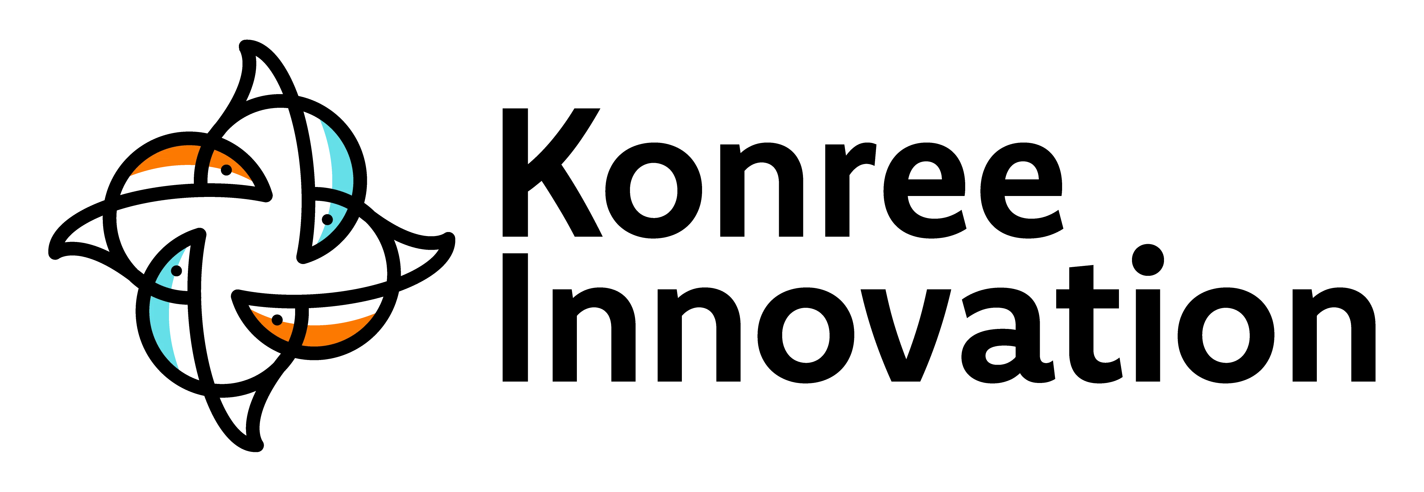 4 fish, alternately coloured red and blue, circling Konree's purpose.  Included is the name of the company Konree Innovation. 
