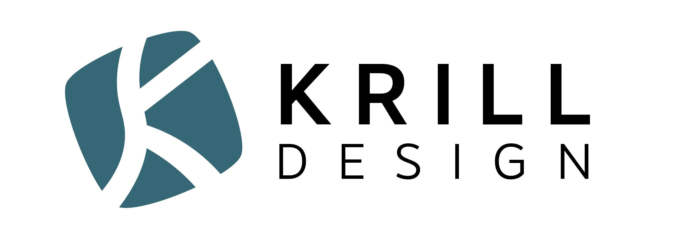 Krill Design logo: a stylized teal 'K' symbol on the left, shaped from curved geometric forms, next to the brand name 'KRILL DESIGN' in bold black uppercase letters.