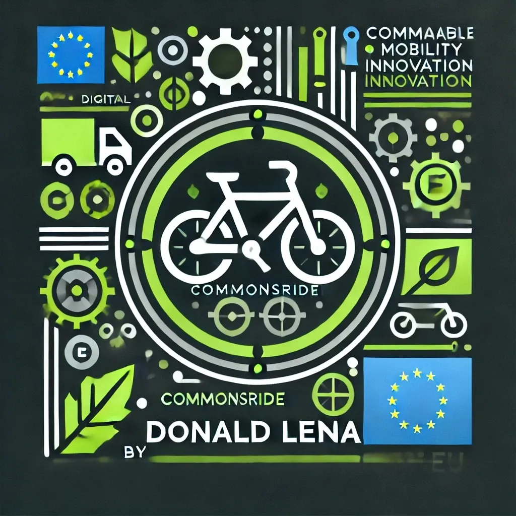 Logo for CommonsRide Green by Donald Lena — a sleek, minimalist design featuring a modern wordmark and abstract geometric icon symbolizing mobility, technology, and sustainability. The color palette includes shades of green and gray, evoking innovation and eco-consciousness.