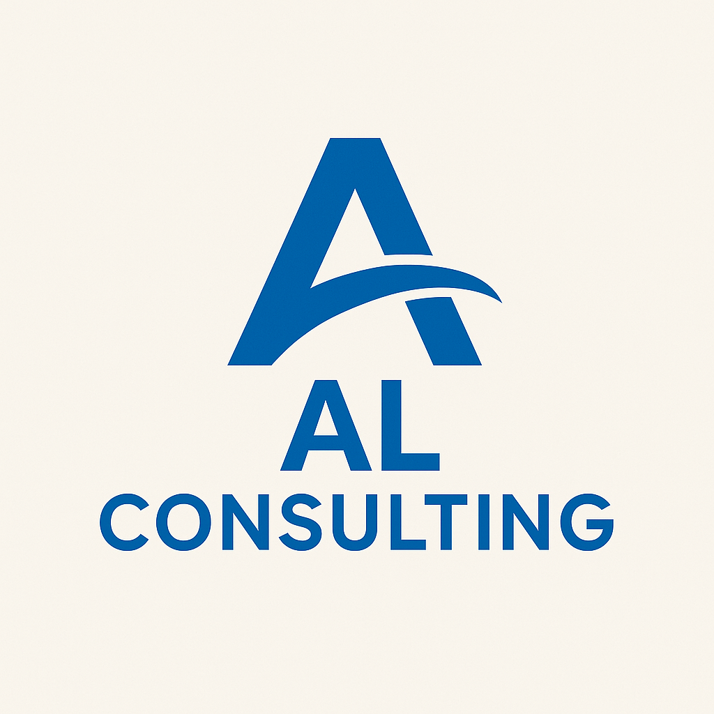 Logo of AL CONSULTING featuring a modern blue monogram 'A' with a dynamic swoosh, placed above the company name in clean, uppercase letters.