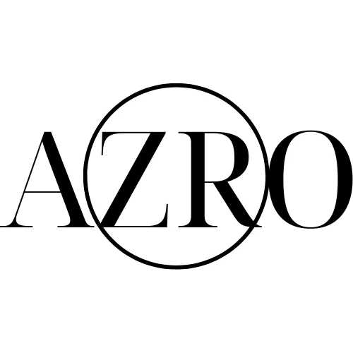 the name of the company AZRO in capital black letters with a circle in the center including inside it the letters ZR