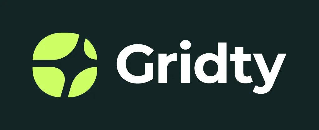 Logo shows Gridty in a dark green background along with a symobl signifying the cross from a solar panel and grid