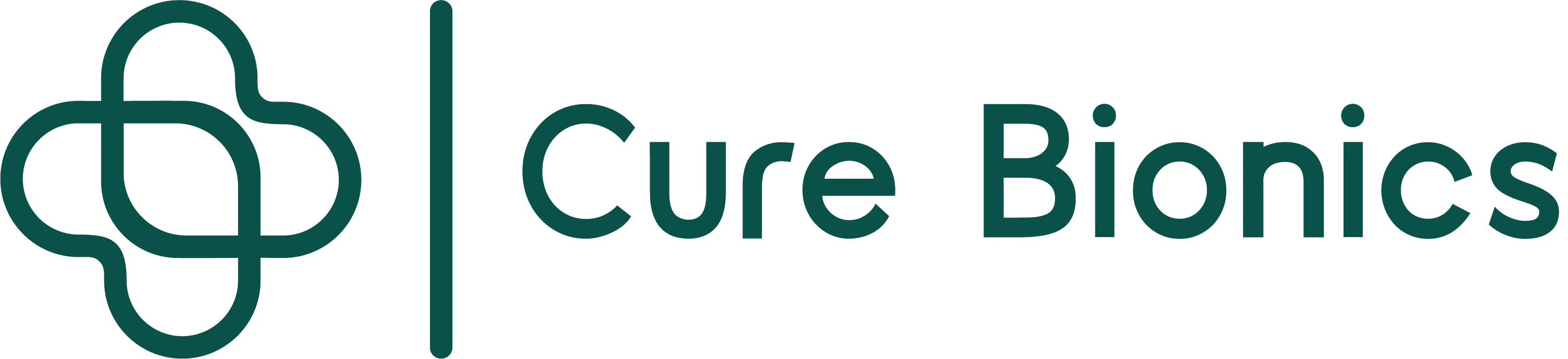 Cure Bionics logo: A stylized abstract symbol on the left resembling a connected loop or bionic structure, followed by a vertical line, and the text ‘Cure Bionics’ in clean, modern typography.