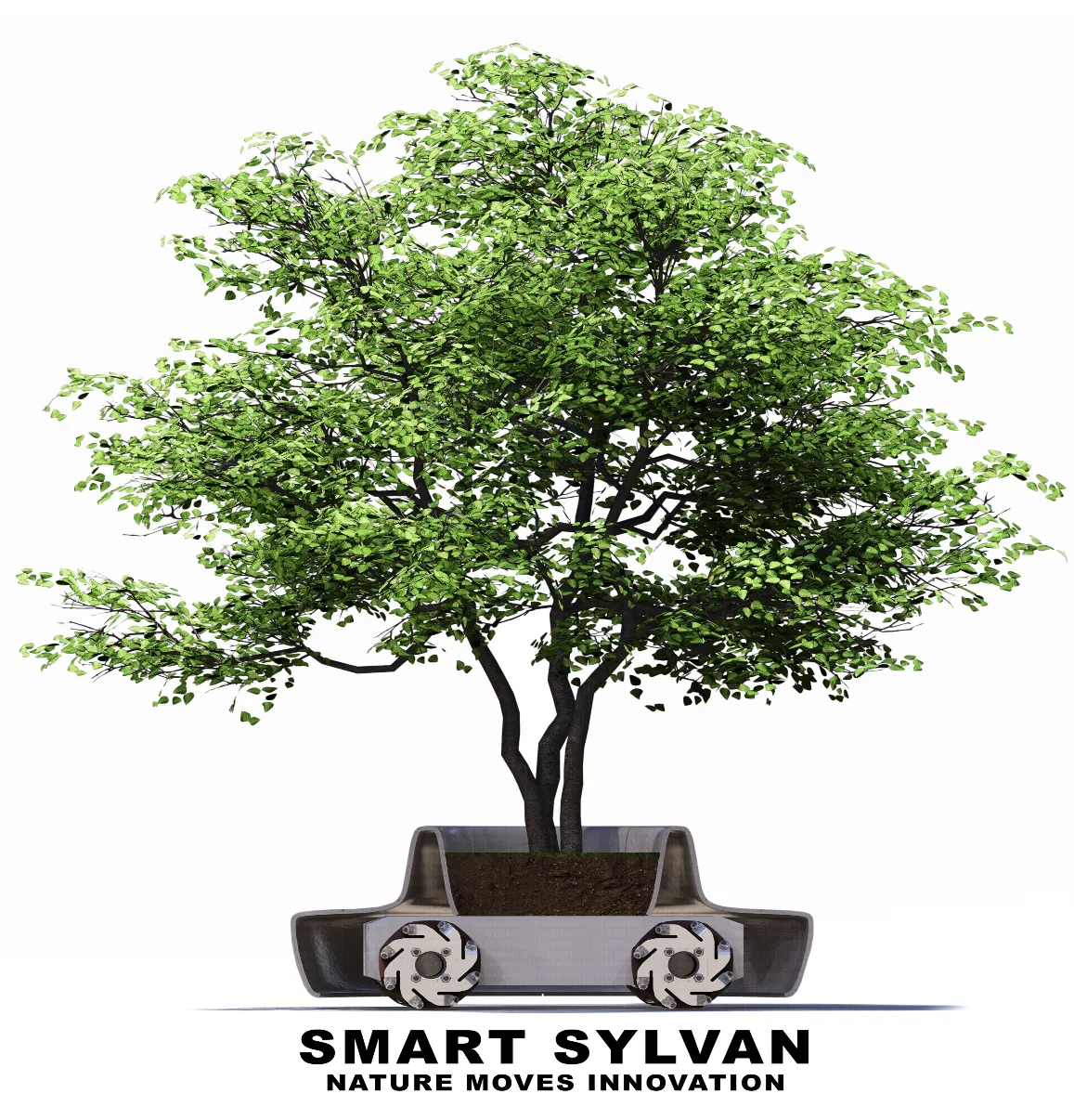 SmartSylvan logo: A futuristic robotic platform shaped like a minimalist vehicle, carrying a vibrant, full-grown tree. The design symbolizes the company's mission to integrate mobile, AI-driven greenery into urban environments for climate resilience.