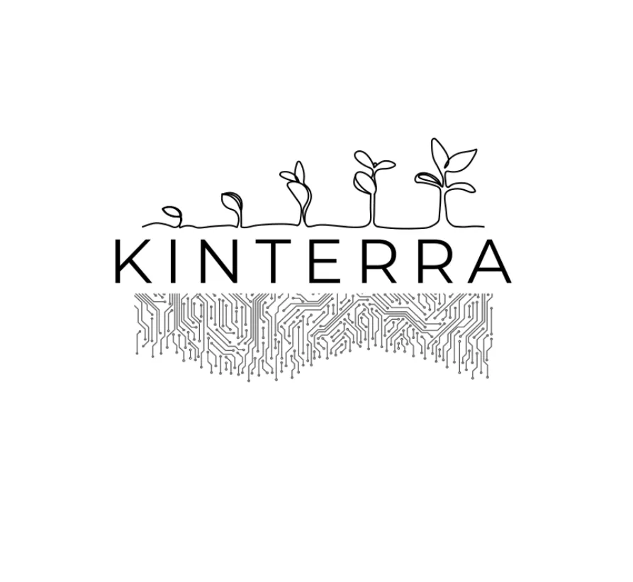 Kinterra logo with image of a plant growing above the text, and a circuitry network of roots below the text
