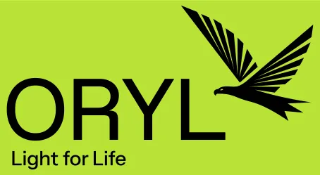 Logo of ORYL Photonics featuring in black the name ORYL and the slogan Light for Life below, with an eagle with open wings on the right. The background of the logo is a fresh and vivid green.