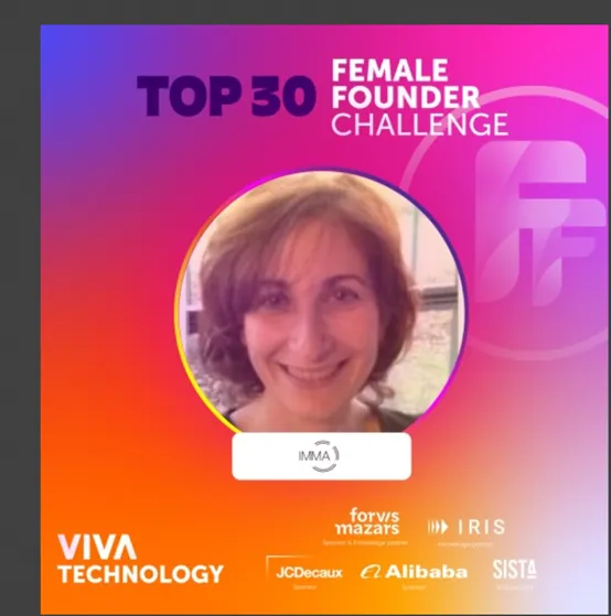Image of Beatrice Chemla featured in the “Top 30 Female Founder Challenge” at Viva Technology. The photo is framed in a circular highlight with the IMMA logo underneath. The background features a vibrant pink-orange gradient and sponsor logos including Viva Technology, Forvis Mazars, IRIS, JCDecaux, Alibaba, and SISTA.