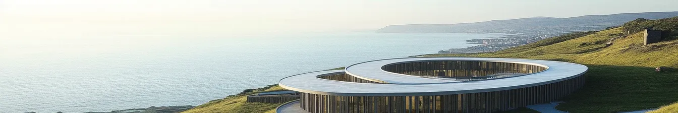 A modern innovative circular building on a picturesque grassy coastline overlooking the ocean