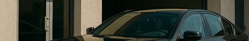 Une voiture de luxe noire, de marque BMW, est garée élégamment devant une station de lavage moderne à Oran. L'enseigne de l'entreprise est visible à l'arrière-plan, représentant l'image professionnelle et haut de gamme de l'activité "LB'MED car luxe". Le décor met en valeur la qualité des services proposés, avec un espace propre et bien organisé.