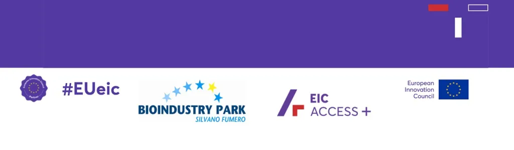 A promotional banner featuring the logos of Bioindustry Park, EIC ACCESS+, and the European Innovation Council on a purple background. The hashtag #EUeic is displayed on the left, along with a circular partnership badge. The design includes abstract white, black, and red rectangles in the top section.