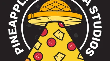 Pineapple on pizza studios logo. A pineapple themed UFO sending down a pizza  slice abduction ray