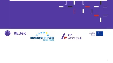 A promotional banner featuring the logos of Bioindustry Park, EIC ACCESS+, and the European Innovation Council on a purple background. The hashtag #EUeic is displayed on the left, along with a circular partnership badge. The design includes abstract white, black, and red rectangles in the top section.