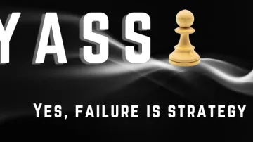 The image is shaped like a black rectangle. The word “YASSI”, written in elegant white capital letters, appears at the center. The final “I” is replaced by a golden chess pawn. A white trail, resembling smoke, stretches from the center of the word and gradually widens toward the right edge of the rectangle. At the bottom left, the slogan appears in a clean, modern font: “YASSI – Yes, failure is strategy.”  I don’t know how to play chess, but to me, this pawn is a powerful symbol. 